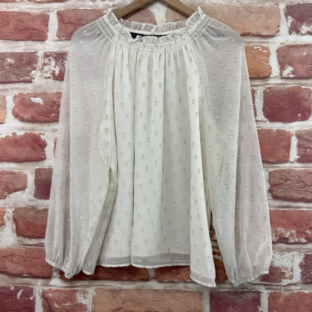 Talbots Top Womens L White Square Clip Dot Ruffle Neck Sheer Casual Career Shirt